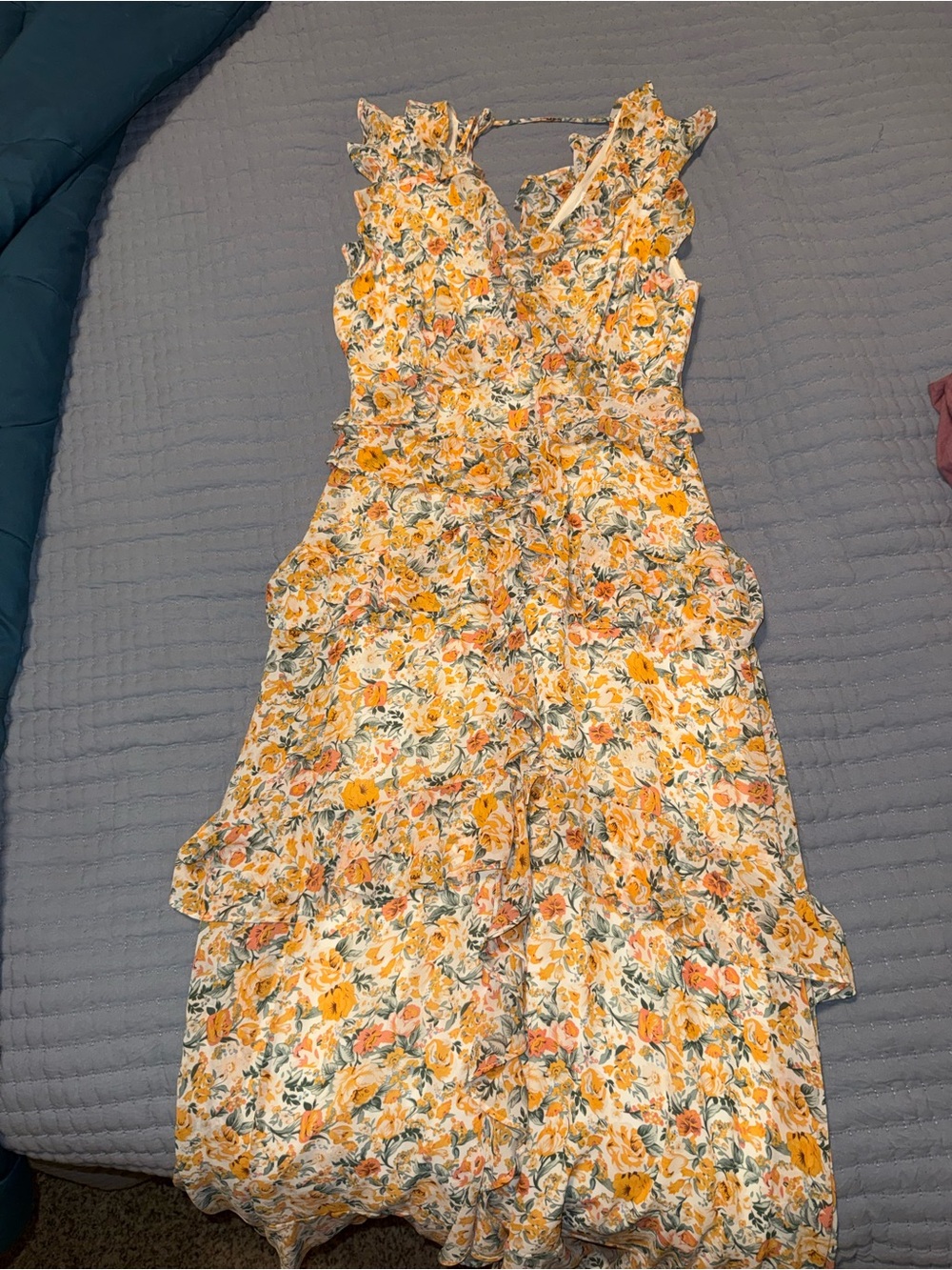 Astr the Label Floral Ruffle Maxi Dress in Golden Yellow and Sage Green